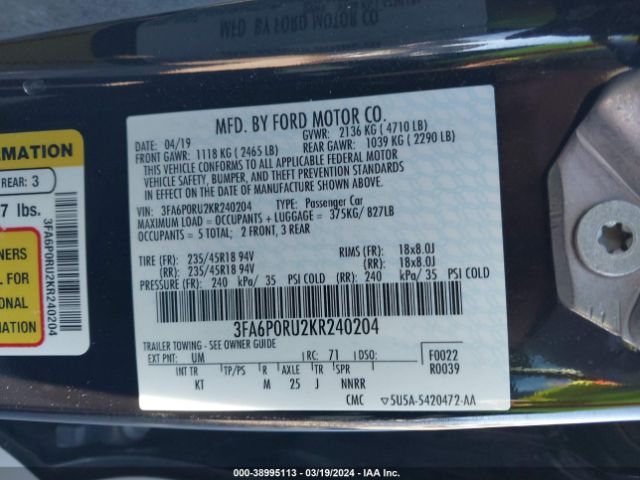 Photo 8 VIN: 3FA6P0RU2KR240204 - FORD FUSION HYBRID 