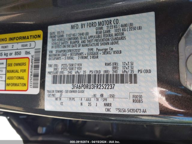 Photo 8 VIN: 3FA6P0RU3FR252237 - FORD FUSION HYBRID 