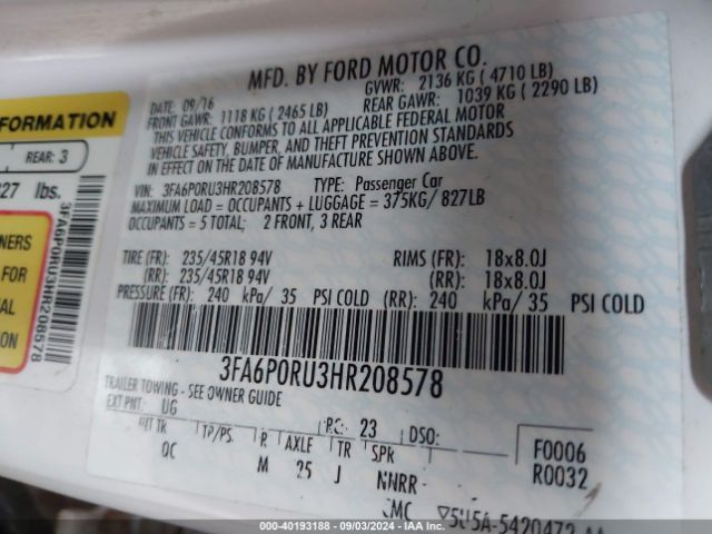 Photo 8 VIN: 3FA6P0RU3HR208578 - FORD FUSION 