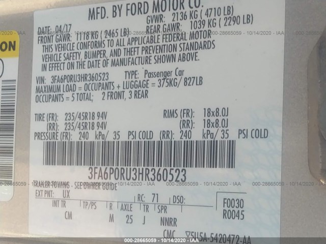 Photo 8 VIN: 3FA6P0RU3HR360523 - FORD FUSION 