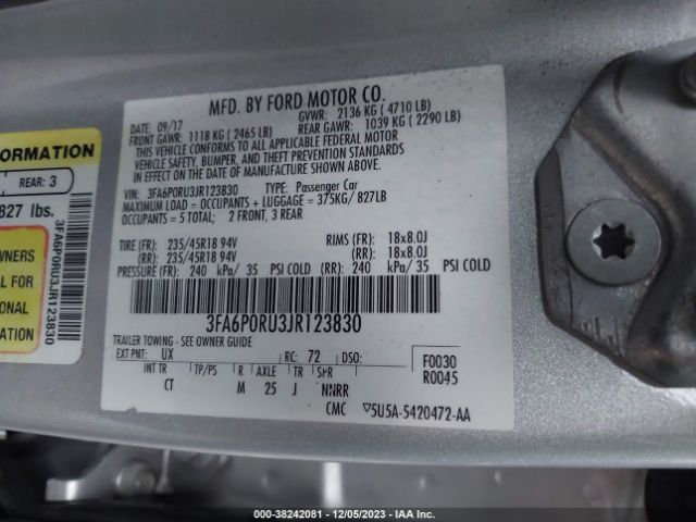 Photo 8 VIN: 3FA6P0RU3JR123830 - FORD FUSION HYBRID 