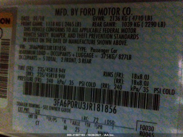 Photo 8 VIN: 3FA6P0RU3JR181856 - FORD FUSION HYBRID 