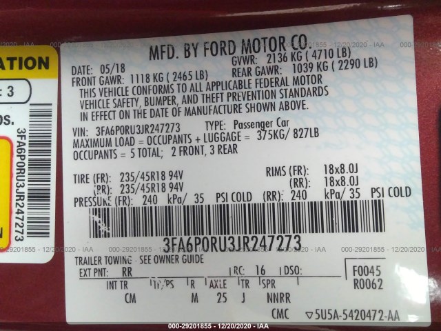 Photo 8 VIN: 3FA6P0RU3JR247273 - FORD FUSION HYBRID 