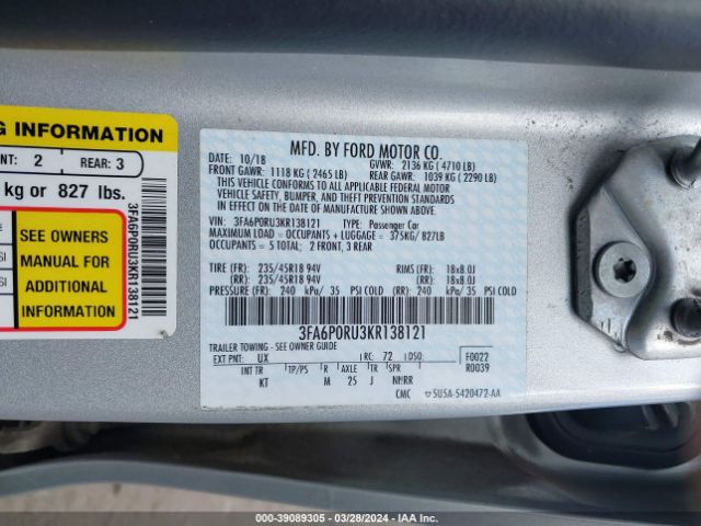 Photo 8 VIN: 3FA6P0RU3KR138121 - FORD FUSION HYBRID 