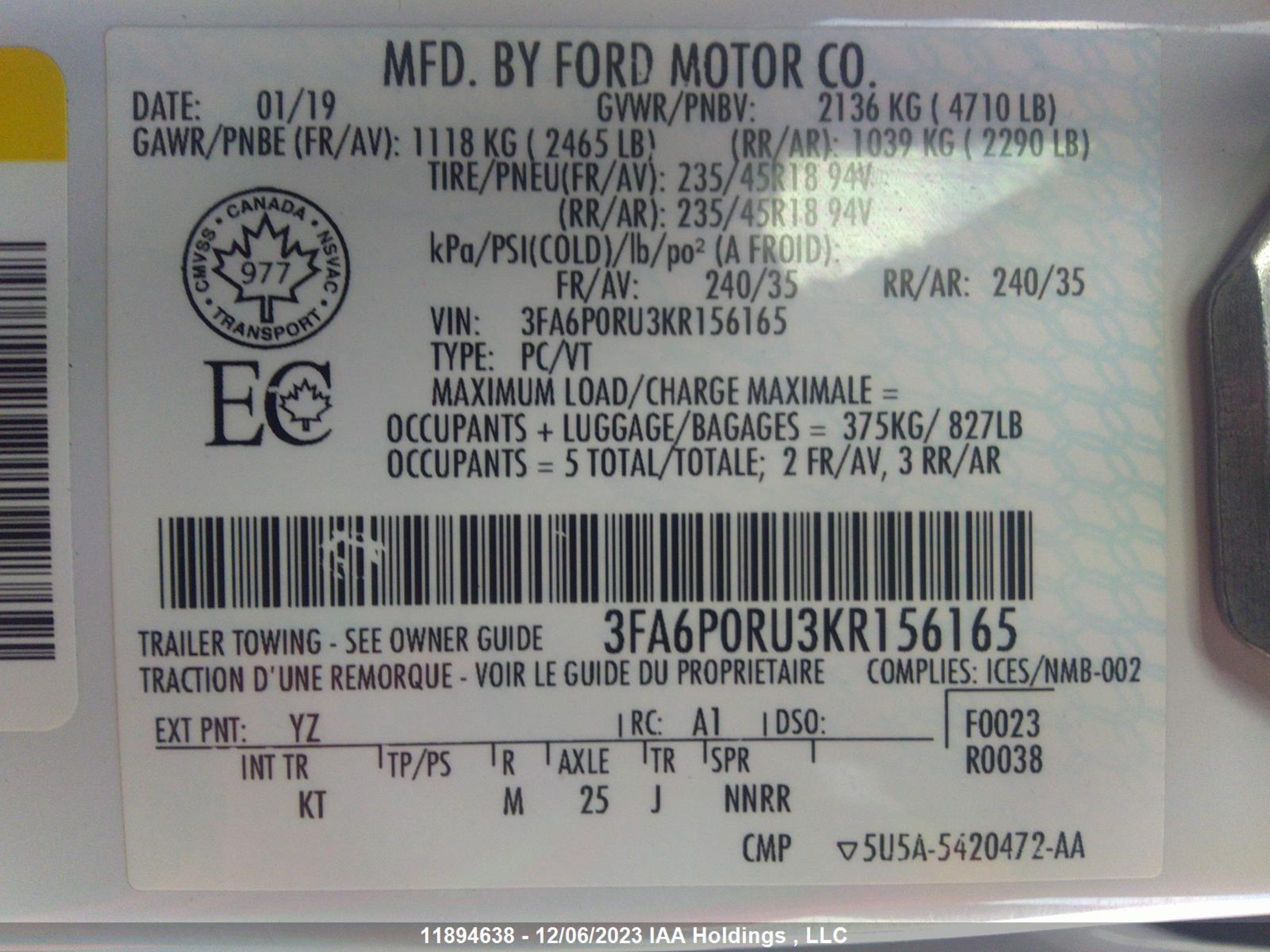 Photo 8 VIN: 3FA6P0RU3KR156165 - FORD FUSION 