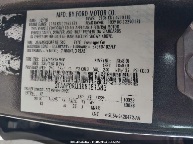 Photo 8 VIN: 3FA6P0RU3KR181583 - FORD FUSION 