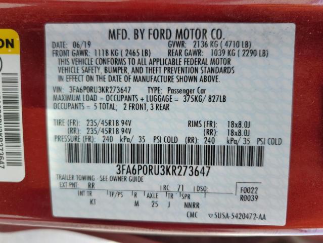 Photo 9 VIN: 3FA6P0RU3KR273647 - FORD FUSION TIT 