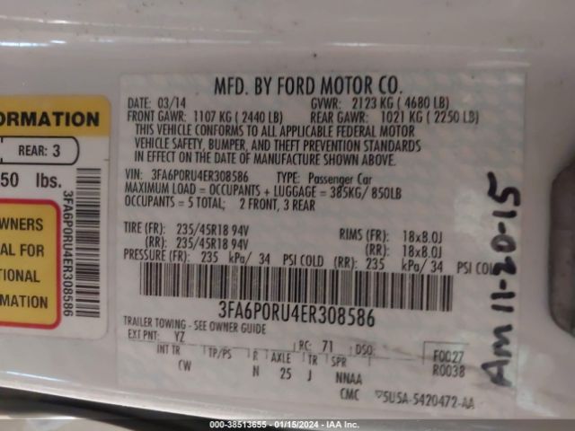 Photo 8 VIN: 3FA6P0RU4ER308586 - FORD FUSION HYBRID 