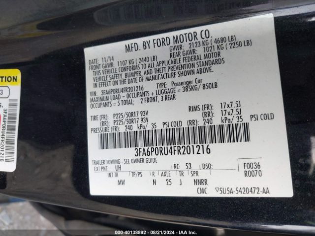 Photo 8 VIN: 3FA6P0RU4FR201216 - FORD FUSION 