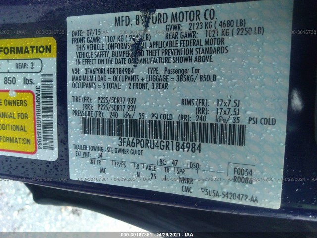 Photo 8 VIN: 3FA6P0RU4GR184984 - FORD FUSION 