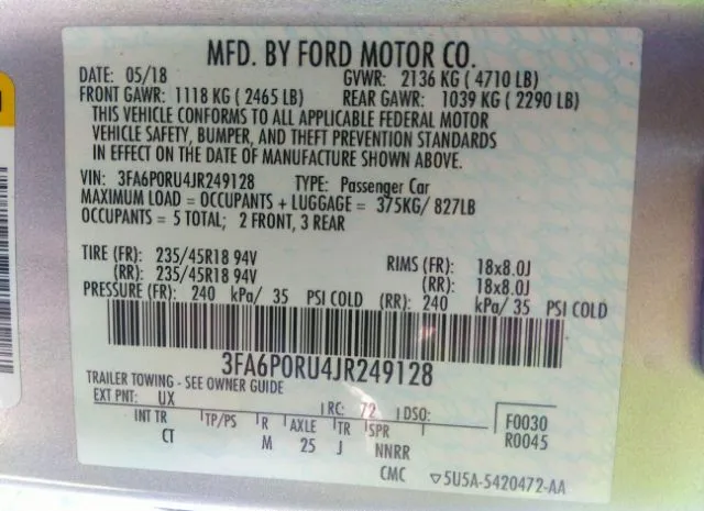 Photo 8 VIN: 3FA6P0RU4JR249128 - FORD FUSION HYBRID 