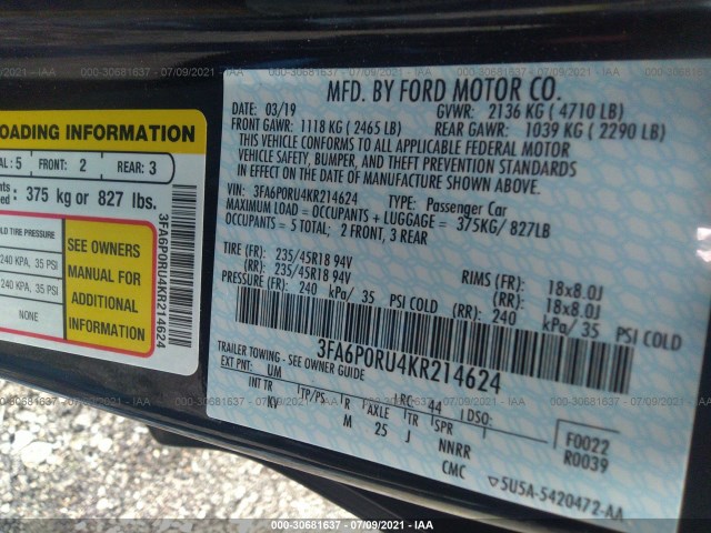 Photo 8 VIN: 3FA6P0RU4KR214624 - FORD FUSION HYBRID 