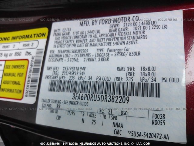 Photo 8 VIN: 3FA6P0RU5DR382209 - FORD FUSION 