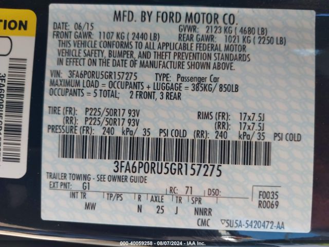 Photo 8 VIN: 3FA6P0RU5GR157275 - FORD FUSION 