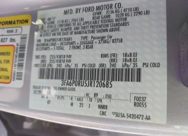 Photo 8 VIN: 3FA6P0RU5JR120685 - FORD FUSION 