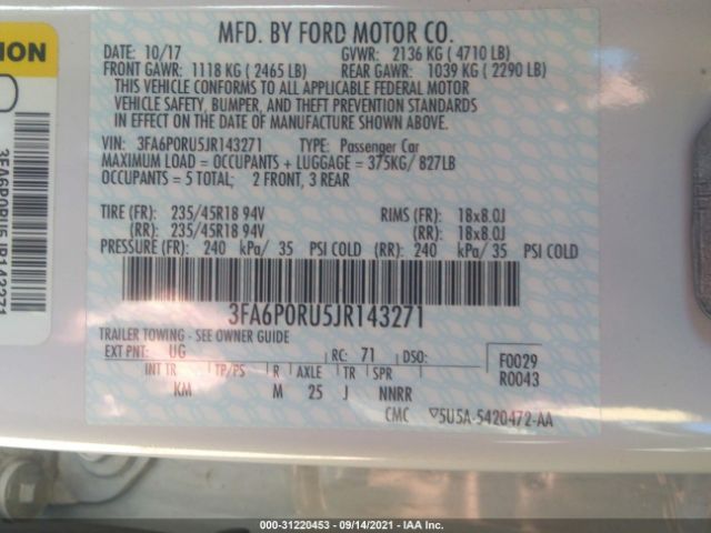 Photo 8 VIN: 3FA6P0RU5JR143271 - FORD FUSION HYBRID 