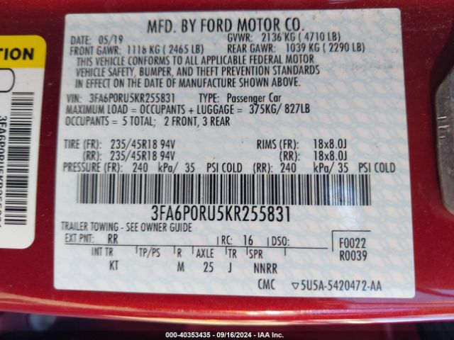 Photo 8 VIN: 3FA6P0RU5KR255831 - FORD FUSION 