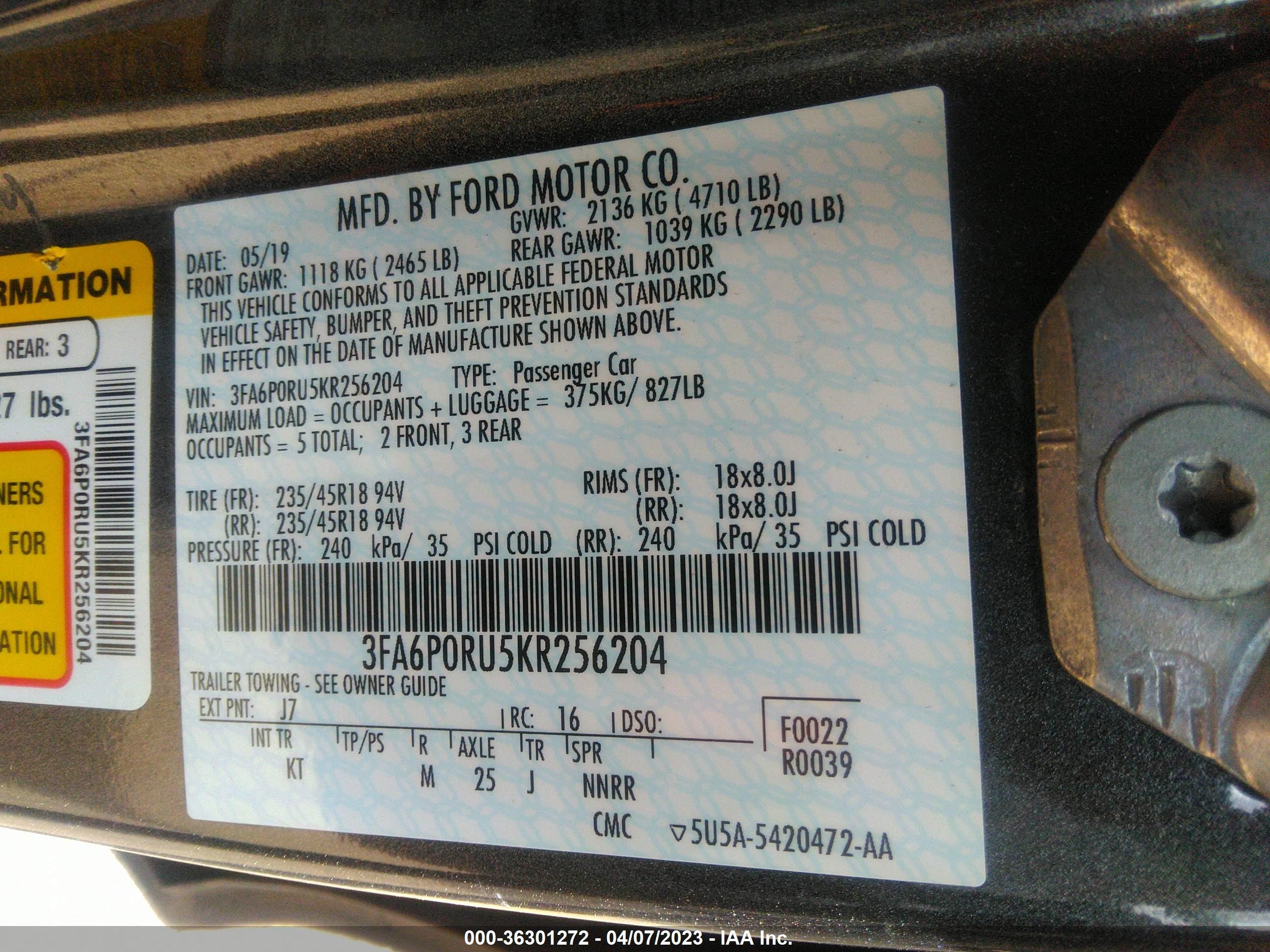 Photo 8 VIN: 3FA6P0RU5KR256204 - FORD FUSION 