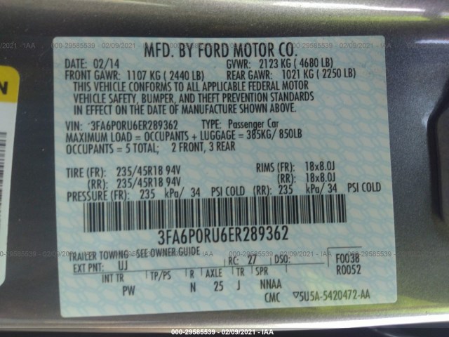 Photo 8 VIN: 3FA6P0RU6ER289362 - FORD FUSION 