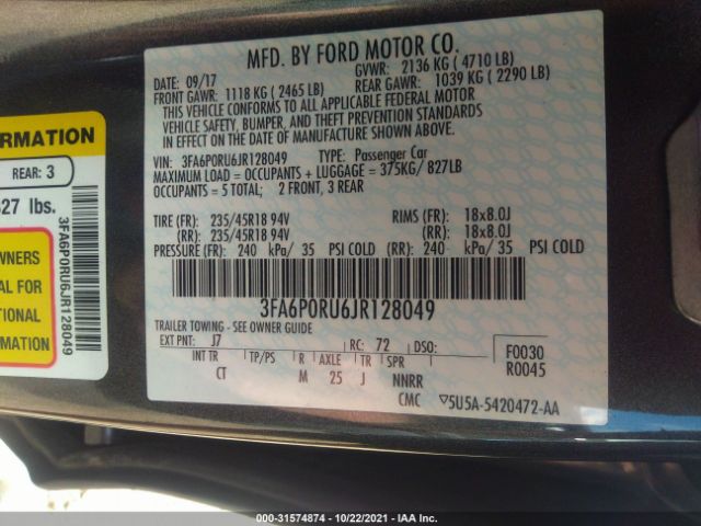 Photo 8 VIN: 3FA6P0RU6JR128049 - FORD FUSION HYBRID 