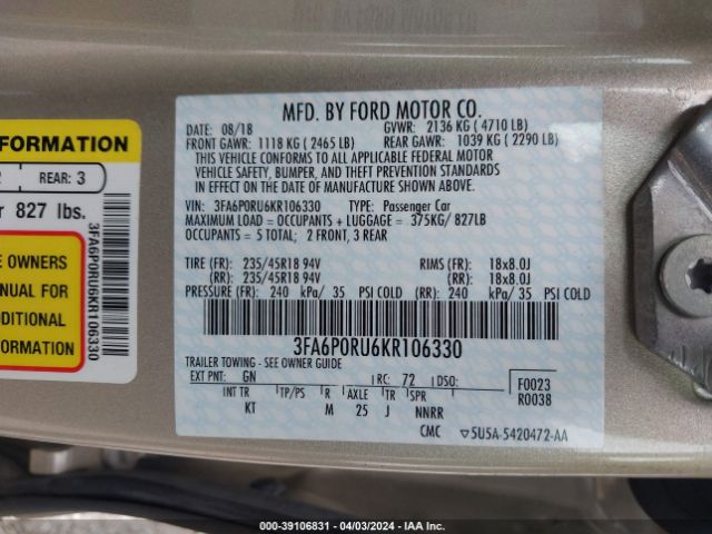 Photo 8 VIN: 3FA6P0RU6KR106330 - FORD FUSION HYBRID 