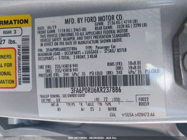 Photo 8 VIN: 3FA6P0RU6KR237886 - FORD FUSION 