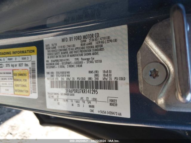 Photo 8 VIN: 3FA6P0RU7KR141295 - FORD FUSION HYBRID 