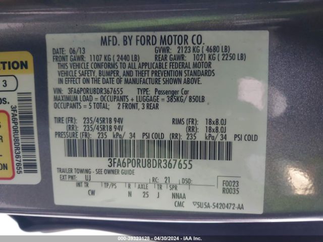 Photo 8 VIN: 3FA6P0RU8DR367655 - FORD FUSION HYBRID 