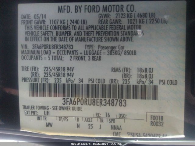 Photo 8 VIN: 3FA6P0RU8ER348783 - FORD FUSION 