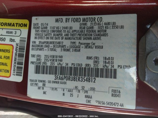 Photo 8 VIN: 3FA6P0RU8ER354812 - FORD FUSION 