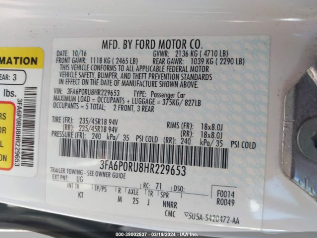 Photo 8 VIN: 3FA6P0RU8HR229653 - FORD FUSION HYBRID 