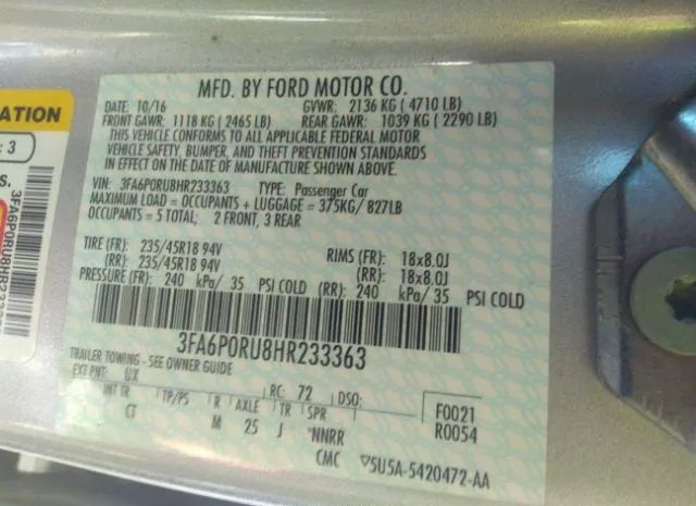 Photo 8 VIN: 3FA6P0RU8HR233363 - FORD FUSION 