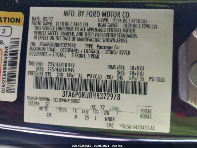 Photo 8 VIN: 3FA6P0RU8HR322978 - FORD FUSION 