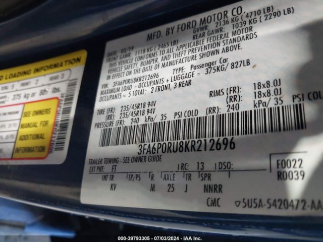 Photo 8 VIN: 3FA6P0RU8KR212696 - FORD FUSION 