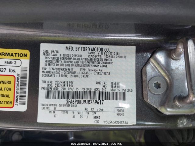 Photo 8 VIN: 3FA6P0RU9JR269617 - FORD FUSION HYBRID 