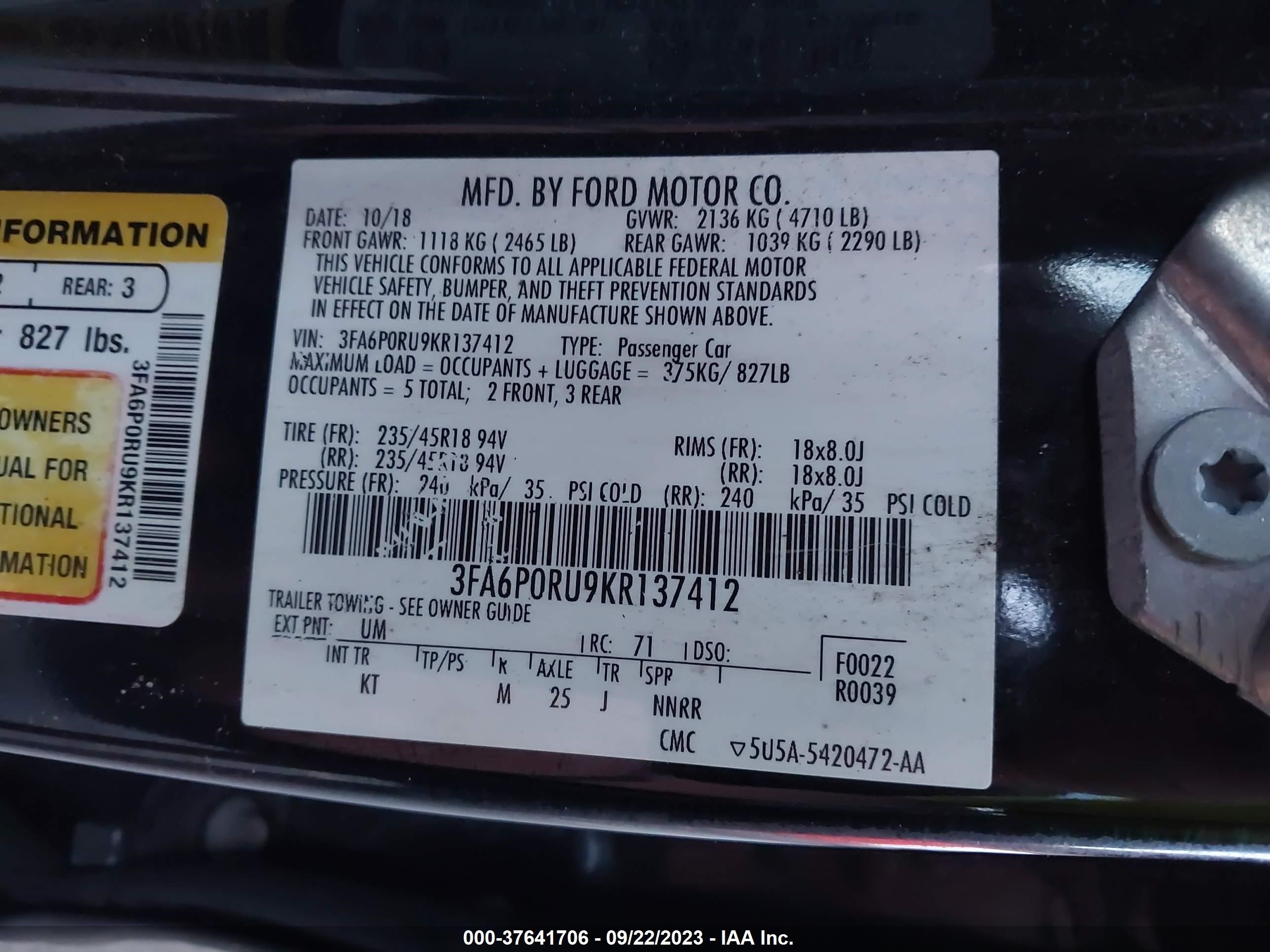 Photo 8 VIN: 3FA6P0RU9KR137412 - FORD FUSION 