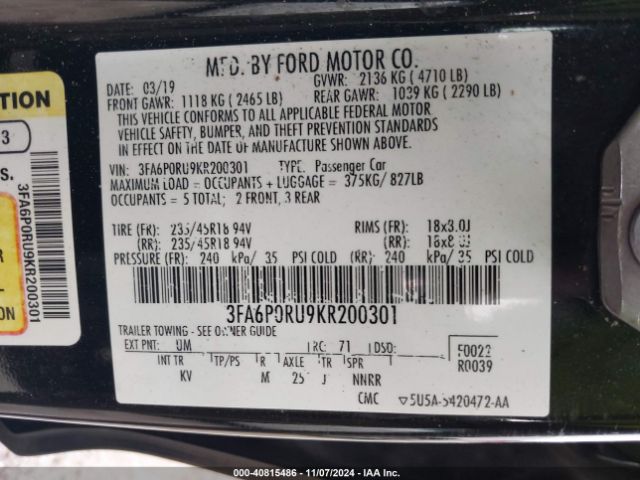 Photo 8 VIN: 3FA6P0RU9KR200301 - FORD FUSION 