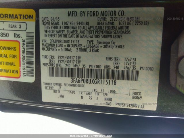 Photo 8 VIN: 3FA6P0RUXGR115118 - FORD FUSION 