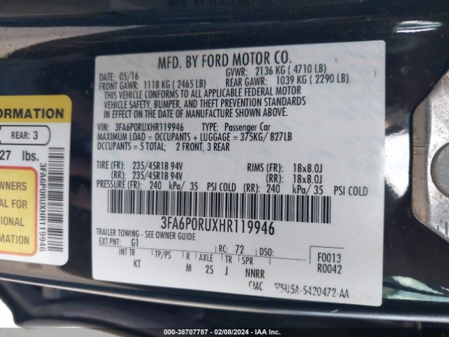 Photo 8 VIN: 3FA6P0RUXHR119946 - FORD FUSION HYBRID 