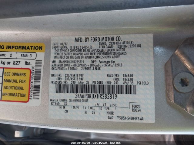 Photo 8 VIN: 3FA6P0RUXHR285819 - FORD FUSION HYBRID 