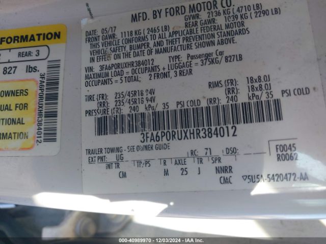 Photo 8 VIN: 3FA6P0RUXHR384012 - FORD FUSION 