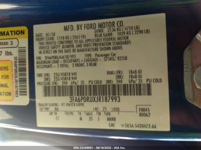 Photo 8 VIN: 3FA6P0RUXJR187993 - FORD FUSION HYBRID 