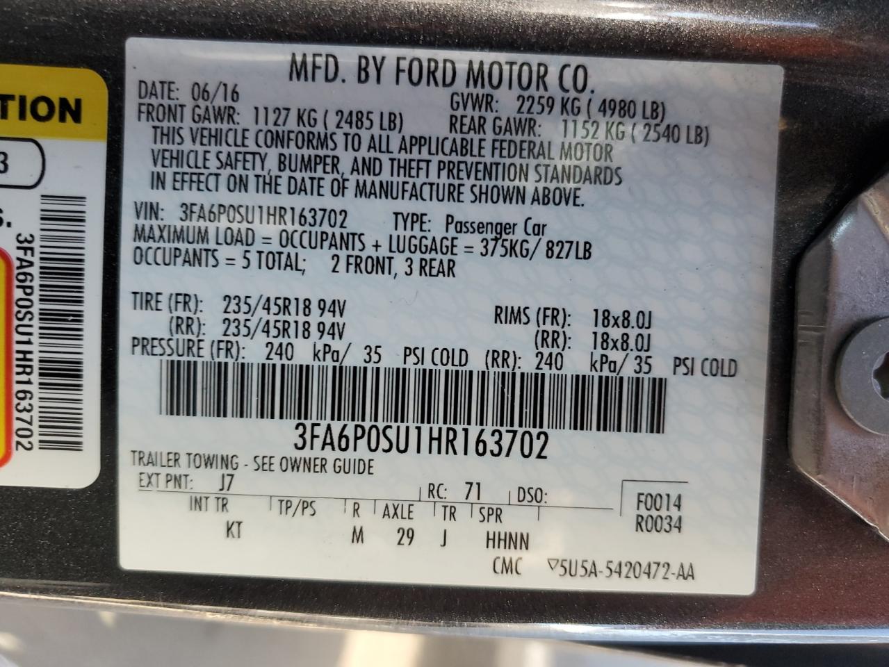 Photo 11 VIN: 3FA6P0SU1HR163702 - FORD FUSION 