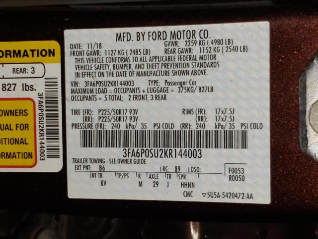 Photo 9 VIN: 3FA6P0SU2KR144003 - FORD FUSION TIT 