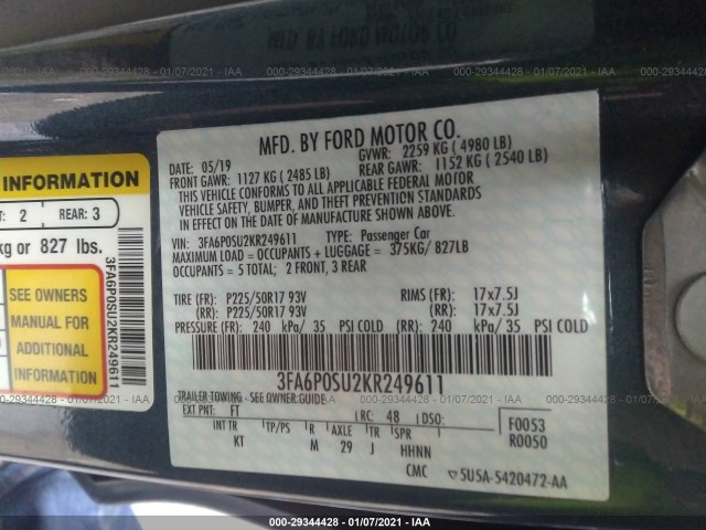 Photo 8 VIN: 3FA6P0SU2KR249611 - FORD FUSION ENERGI 