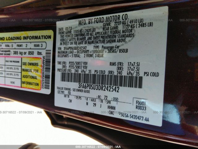 Photo 8 VIN: 3FA6P0SU3DR242542 - FORD FUSION 