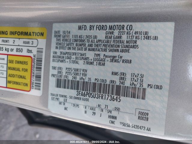 Photo 8 VIN: 3FA6P0SU3FR173645 - FORD FUSION 