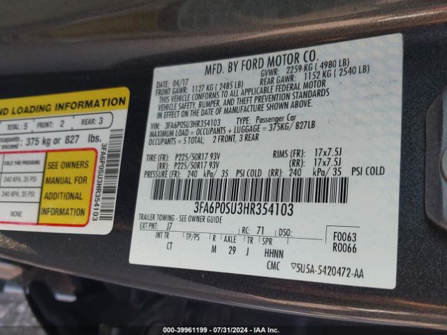 Photo 8 VIN: 3FA6P0SU3HR354103 - FORD FUSION 