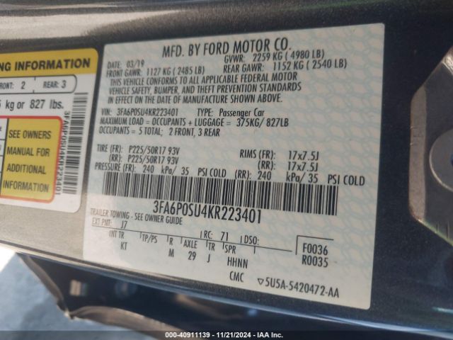 Photo 8 VIN: 3FA6P0SU4KR223401 - FORD FUSION 