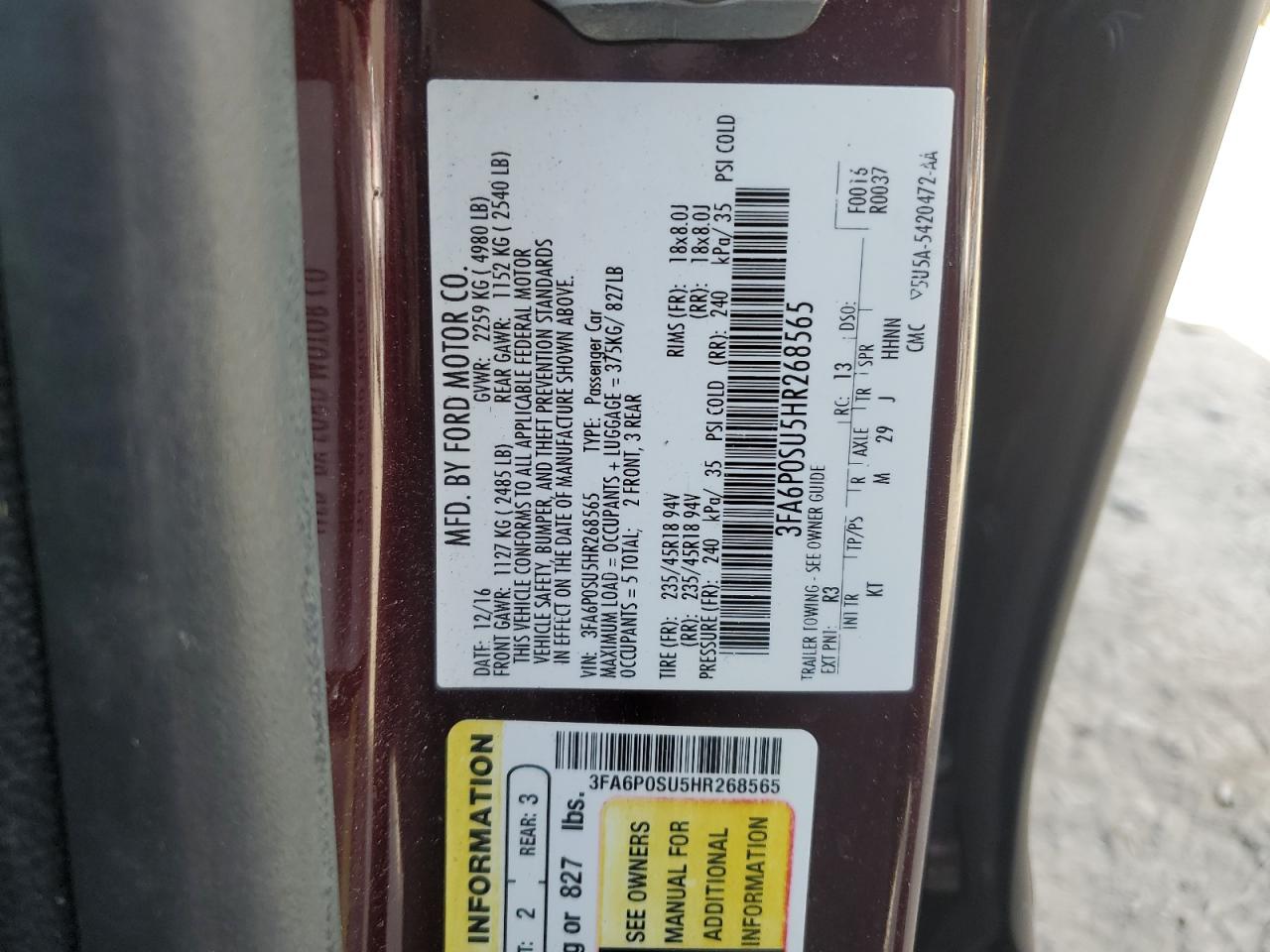 Photo 11 VIN: 3FA6P0SU5HR268565 - FORD FUSION 